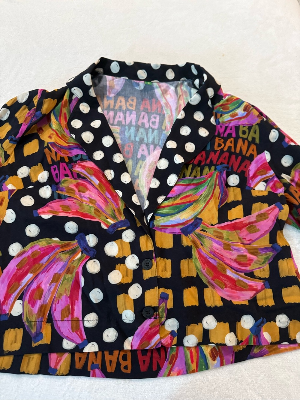 Farm Rio Cropped Banana Print Button Blouse Size Medium D81